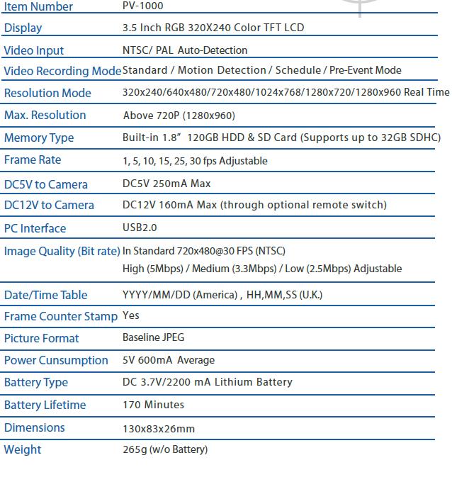 pv-1000 specs